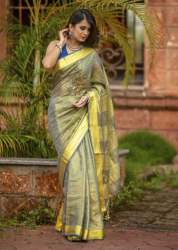 Mehendi Tissue linen hand embroidery work saree