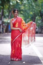 Orange Shibori Print Cotton Slub Saree