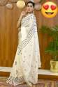 Party Wear White Linen Mirror Work Saree 