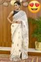 Party Wear White Linen Mirror Work Saree  thumb 1