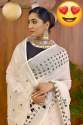 Party Wear White Linen Mirror Work Saree  thumb 3