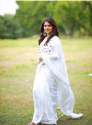 Party Wear White Linen Mirror Work Saree  thumb 4