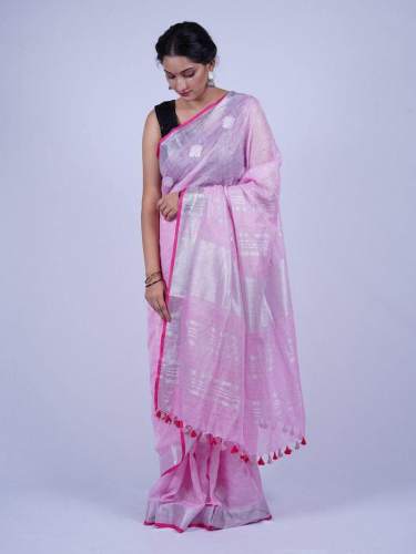 Pink Linen Embroidered Work saree 