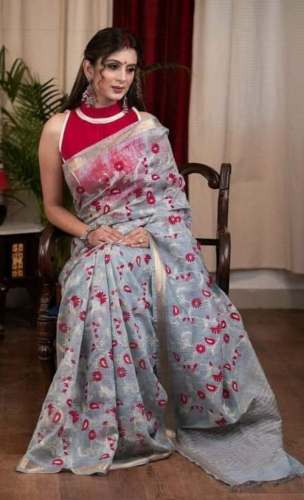 Pure Linen Silk Embroidered  Saree 