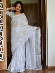 Stylish Tissue linen French knot work saree