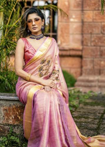 Tissue linen hand embroidery work saree