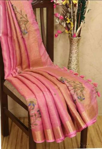 Tissue Linen Mix Embroidery Work Saree