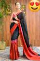 Trendy Red and Black Hand Woven Linen Saree thumb 2