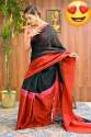 Trendy Red and Black Hand Woven Linen Saree thumb 5