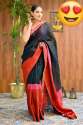 Trendy Red and Black Hand Woven Linen Saree thumb 6