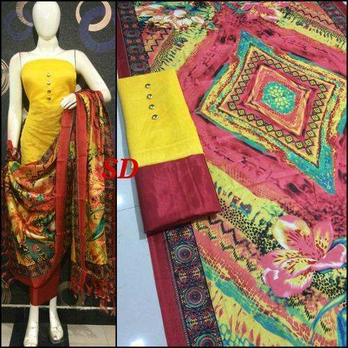 Stylish Plain Suit with All over Printed Dupatta by Fusion Fashions