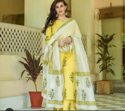 Sunny Yellow Jaipuri Cotton palazzo suit by sree sai collection