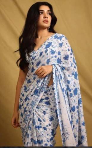 Linen White Digital Printed Saree 