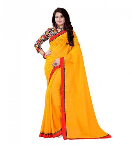 Plain Georgette Saree with Printed Blouse by buyone