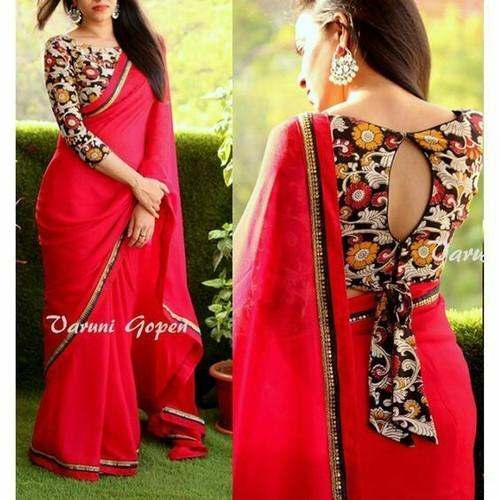 Fancy Designer Plain Red Saree For Women by My Boutique