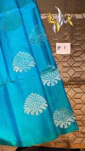 Sky Blue Hand weaving Pure silk saree by Yugamugi Silk House