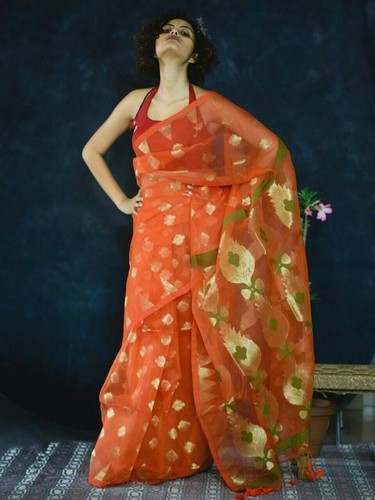 Bold Orange Muslin silk saree by Fashion Maven