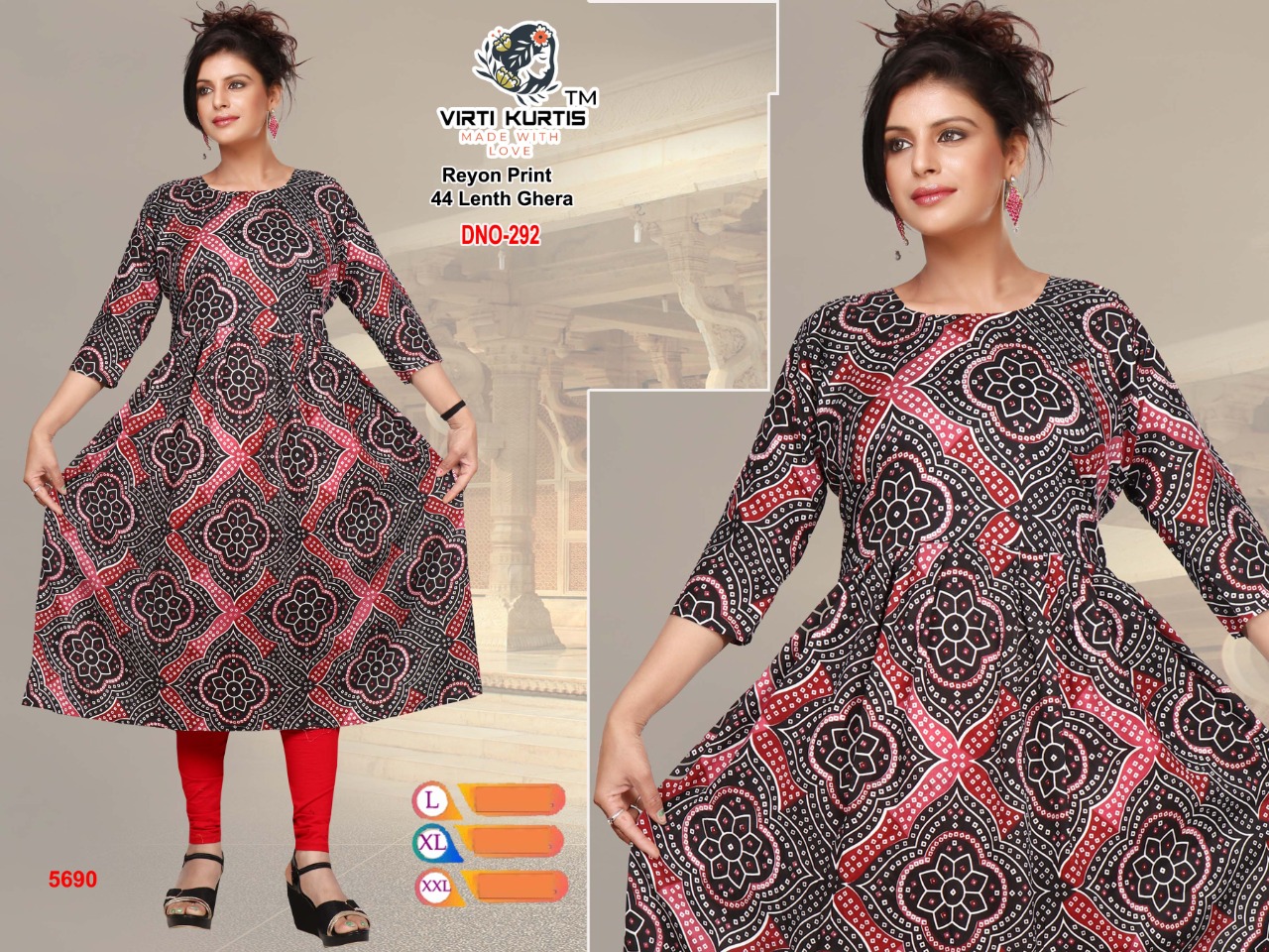 virti kurtis � reyon print ghera by rohit fabric