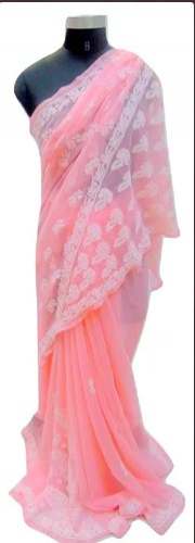 Chiffon Party Wear Pink Chikan Saree  by P Creations