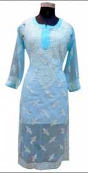 Fancy Sky Blue Georgette Chikan Work Kurti 