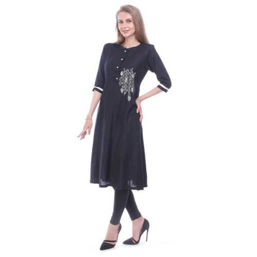 Plain One Side Work Casual Black Kurti by Vamshi Creations