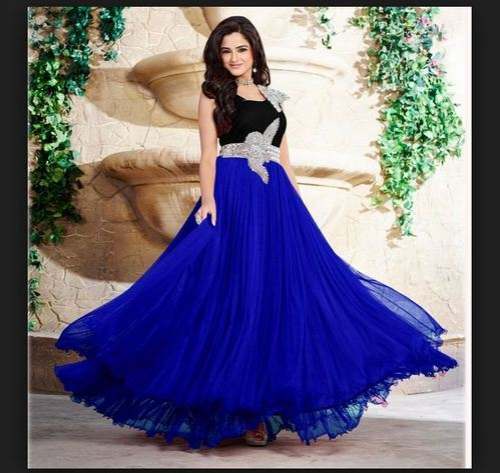 Party Wear Flared Blue Gown  by Sana Couture