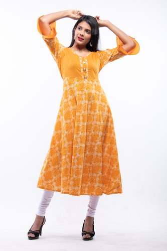 Fancy Anarkali yellow Cotton Kurti  by Madhav Industries