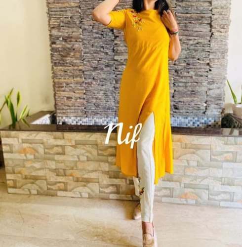 Trendy Yellow Rayon Kurti With Pant Set  by Ragni Boutique