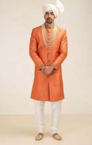 Stylish Orange Silk Sherwani for Groom by Taaje Shehbaz Clothing Co