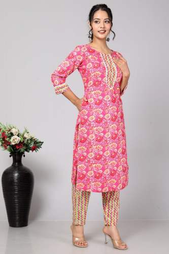 New Collection Pink Rayon Kurti Pant Set For Women