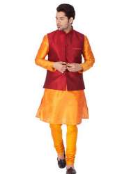 Cotton Silk Plain Kurta pajama With Jacket 