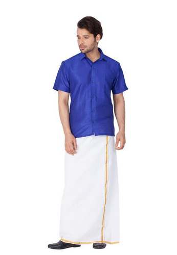 Mens Plain Silk Shirt with Plain Lungi  by Vastramay