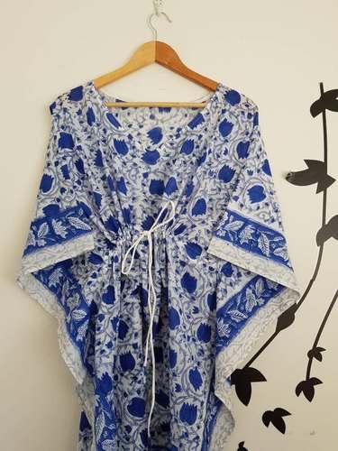 Free Size Blue Block Printed Kaftan by Meera Handicraft