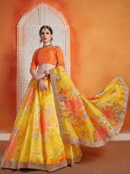 Work Lace Bordered Floral Print Lehenga 