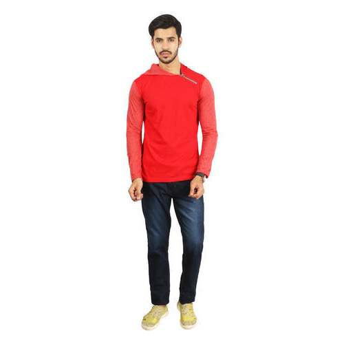 Mens Hooded Full Sleeve Red T Shirt  by Delisha Enterprises