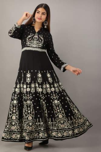 Long Anarkali Zari Print Black Gown 