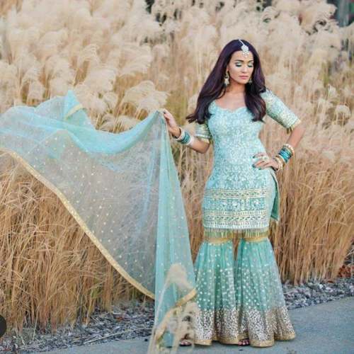 Sea Blue Embroidered Sharara Suit 