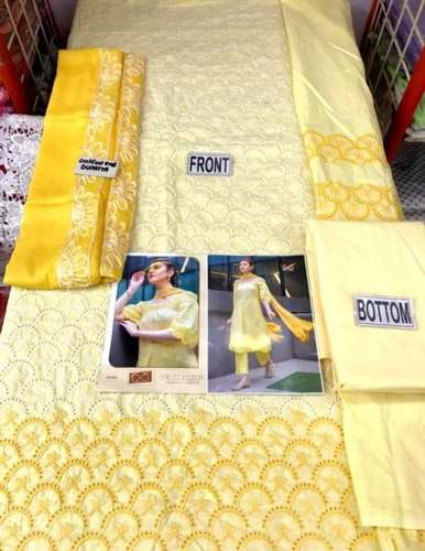 Yellow Embroidered Pure Cotton Dress Material 