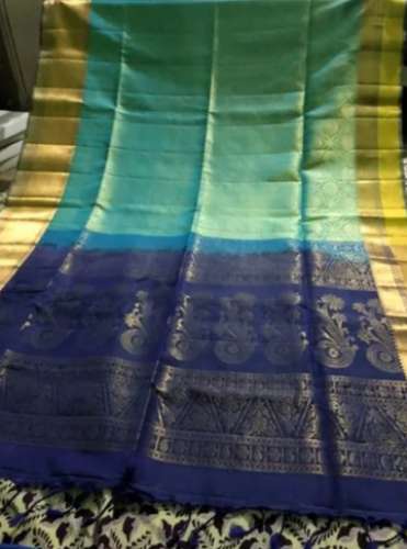pure soft silk classy green and blue colored wedding wear saree 