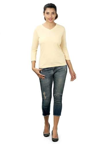 Ladies Cotton Cream V-Neck T shirt
