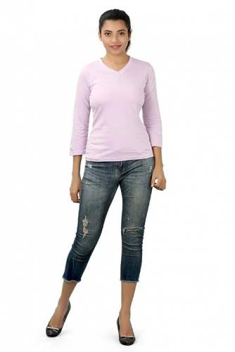 Ladies Cotton Pink V-Neck Tshirts by Golden Bird Export Import