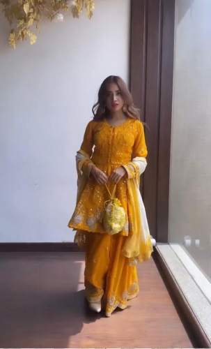 Designer Fox Georgette Yellow Embroidery Suit