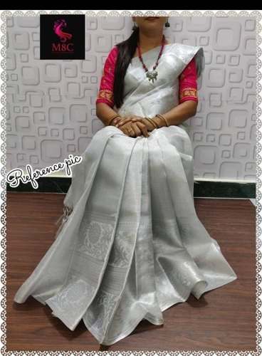 Party wear Silver Banarasi Tissue Silk Saree  