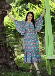 Heavy Floral Print Fancy  Sleeve Dress 