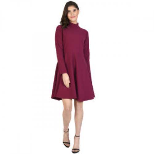 Mock Neck Solid Flared Full Sleeve Dress by HENRY ZOE