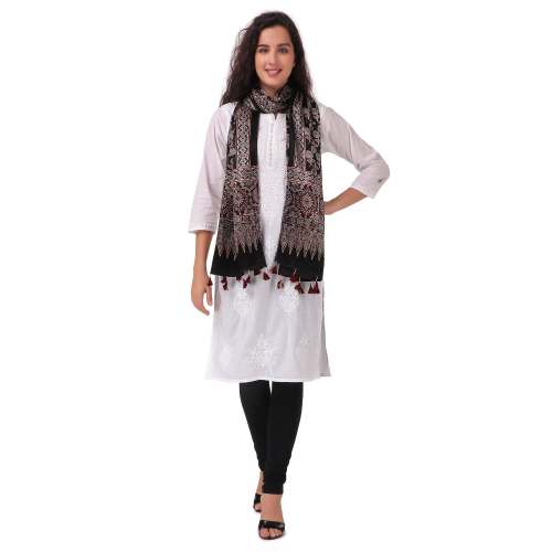 Ajrakh Block Printed Mashru Silk Stole for Girls