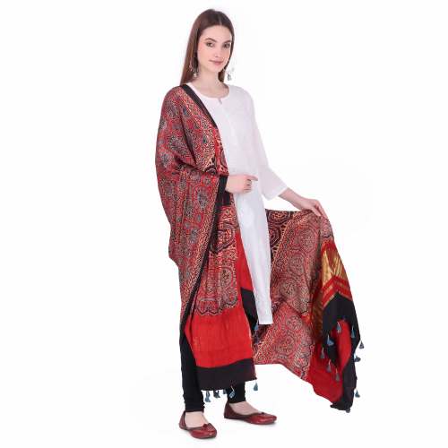 Ajrakh Printed Modal LP (Zari Border ) Dupatta by MAJID SALEMAMAD KHATRI