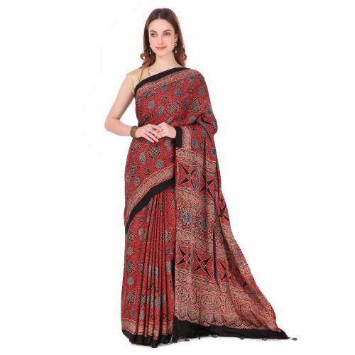 Ajrakh Printed Modal Silk sari by MAJID SALEMAMAD KHATRI