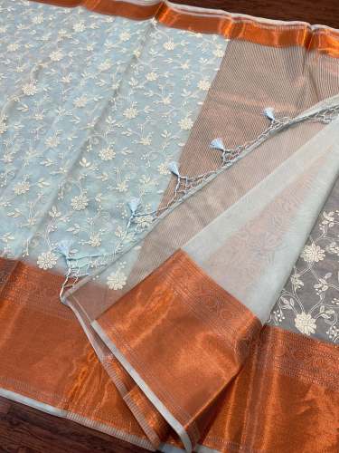 Soft organza silk saree with premium floral embroidery work with Copper zari  by huzaifa silk sarees