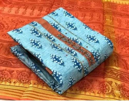 Linen Cotton With Print Work And Tie Hand Work Dress Material